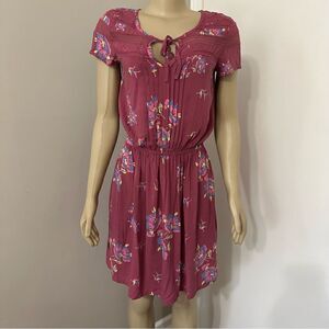 Matilda Jane Dress Womens Small Mauve Floral Elastic Waist Lace Trim